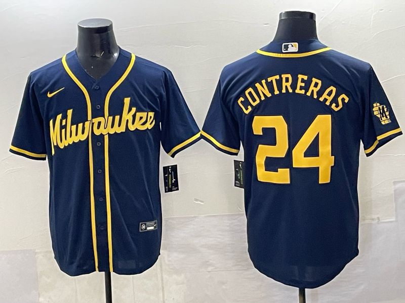 Men Milwaukee Brewers #24 Contreras Drak Blue Nike MLB 2025 Jersey 01